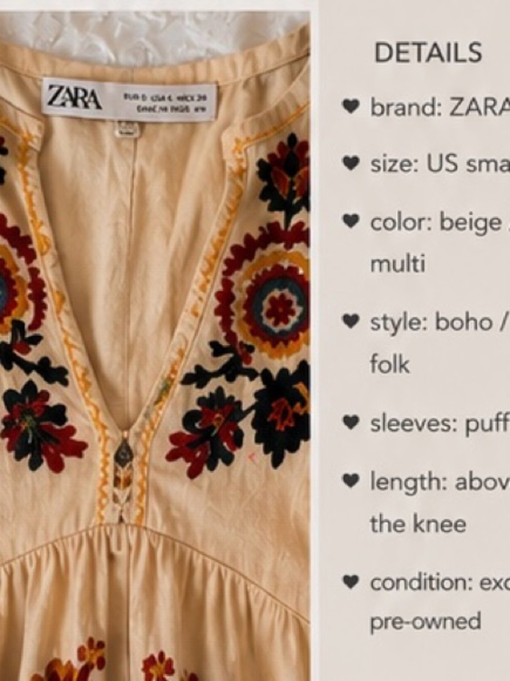 Zara Embroidered boho dress size S. Puff sleeve in excellent condition - Picture 2 of 8